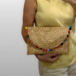 Wicker Purse with Colorful Pom Pons NWOT